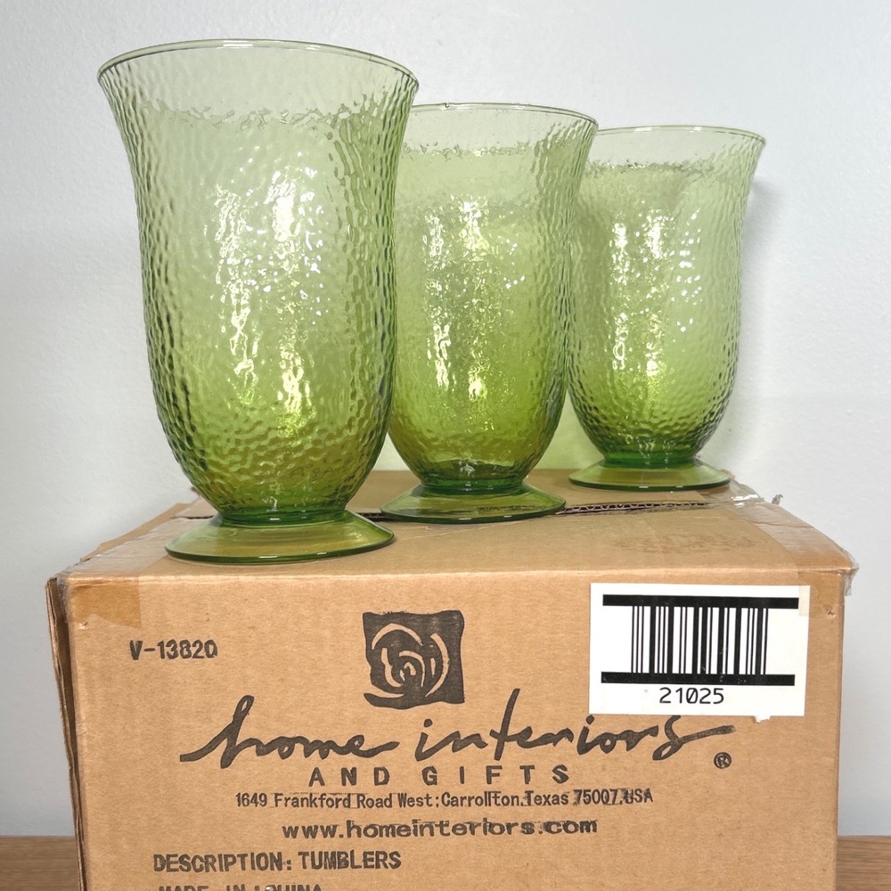 Home Interiors and Gifts Green Hammered Glass Footed Tumblers MCM Retro Set of 3